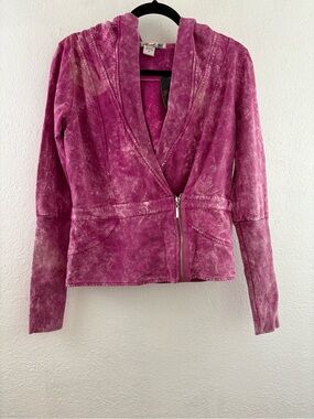 Threads pink acid wash  asymmetric wrap-style zipper draped shawl-collar hood M